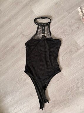 SHEIN Black Mesh High-Neck Buckle Bodysuit